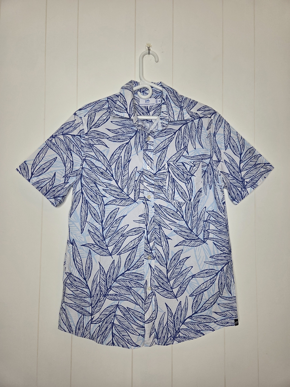 Southern Tide Men's Blue Palms Seersucker Short Sleeve Button Down Sport Shirt M